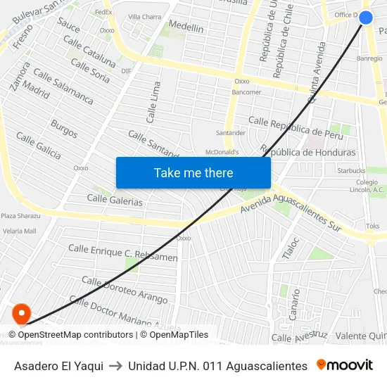 Asadero El Yaqui to Unidad U.P.N. 011 Aguascalientes map