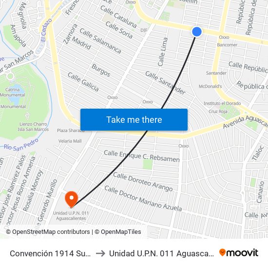 Convención 1914 Sur, 914 to Unidad U.P.N. 011 Aguascalientes map