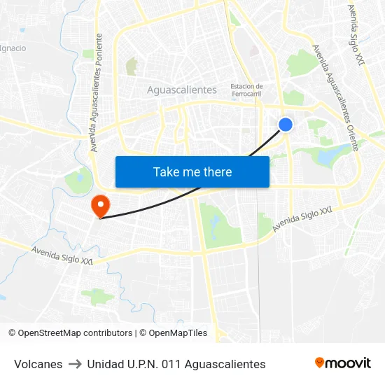 Volcanes to Unidad U.P.N. 011 Aguascalientes map