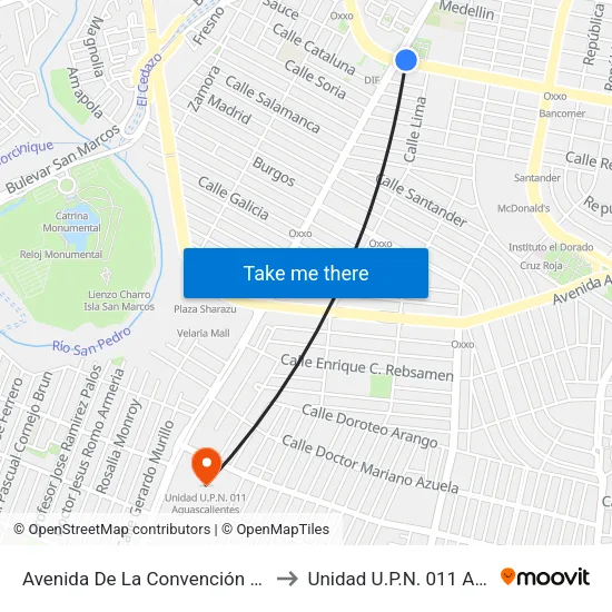 Avenida De La Convención De 1914 Sur, 1016 to Unidad U.P.N. 011 Aguascalientes map