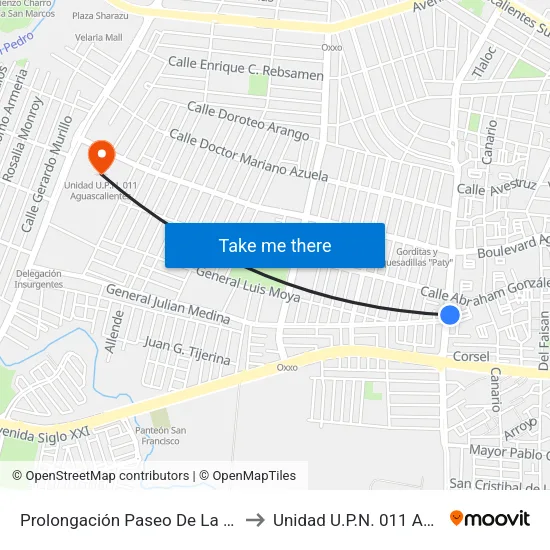 Prolongación Paseo De La Asunción, 4702a to Unidad U.P.N. 011 Aguascalientes map