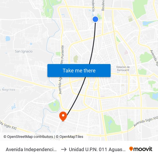 Avenida Independencia, Sn(Lb) to Unidad U.P.N. 011 Aguascalientes map