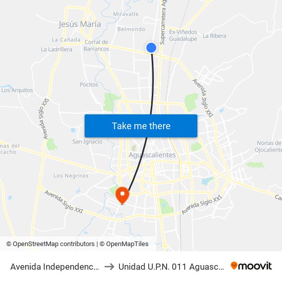 Avenida Independencia, 300 to Unidad U.P.N. 011 Aguascalientes map