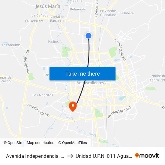 Avenida Independencia, 2214(145) to Unidad U.P.N. 011 Aguascalientes map