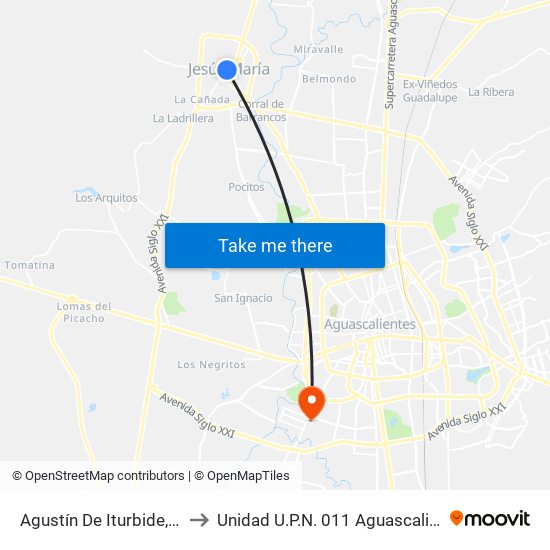 Agustín De Iturbide, 404 to Unidad U.P.N. 011 Aguascalientes map