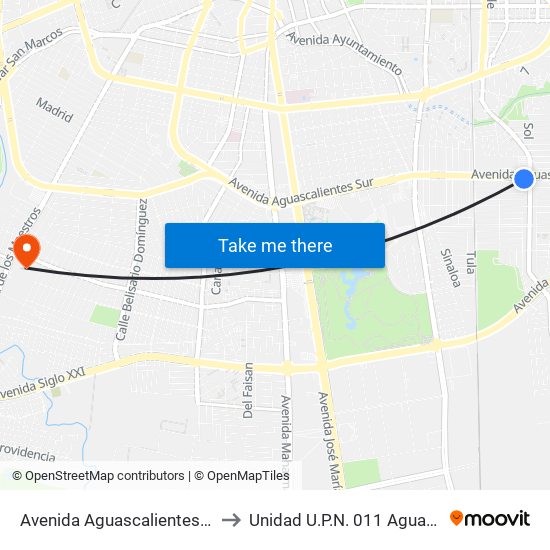 Avenida Aguascalientes Sur, 1065 to Unidad U.P.N. 011 Aguascalientes map