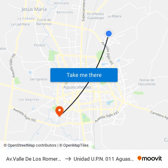 Av.Valle De Los Romeros, 1702 to Unidad U.P.N. 011 Aguascalientes map