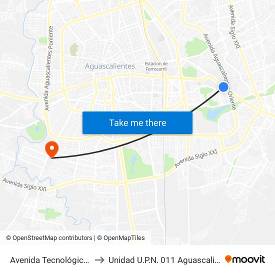 Avenida Tecnológico, Lb to Unidad U.P.N. 011 Aguascalientes map