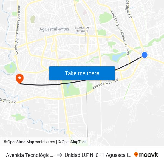 Avenida Tecnológico, Lb to Unidad U.P.N. 011 Aguascalientes map