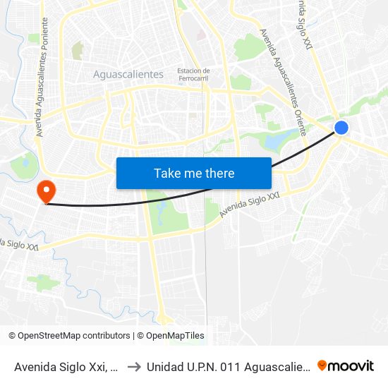 Avenida Siglo Xxi, 149 to Unidad U.P.N. 011 Aguascalientes map