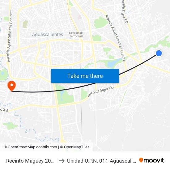 Recinto Maguey 203, 70 to Unidad U.P.N. 011 Aguascalientes map
