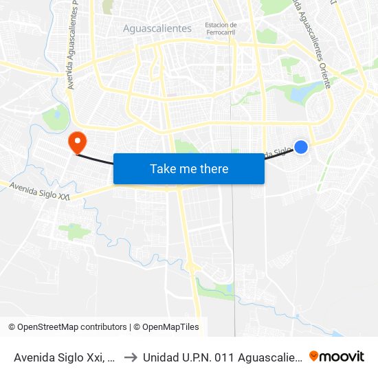 Avenida Siglo Xxi, 636 to Unidad U.P.N. 011 Aguascalientes map