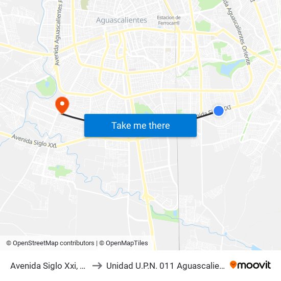 Avenida Siglo Xxi, 502 to Unidad U.P.N. 011 Aguascalientes map