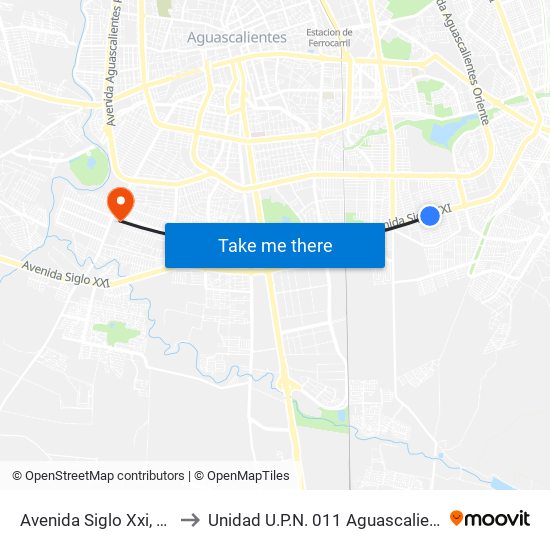 Avenida Siglo Xxi, 520 to Unidad U.P.N. 011 Aguascalientes map