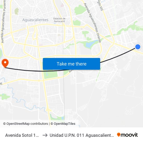 Avenida Sotol 184 to Unidad U.P.N. 011 Aguascalientes map