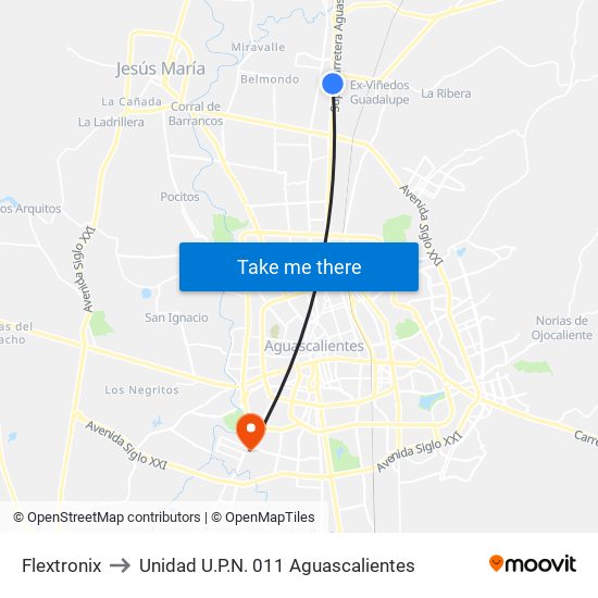 Flextronix to Unidad U.P.N. 011 Aguascalientes map