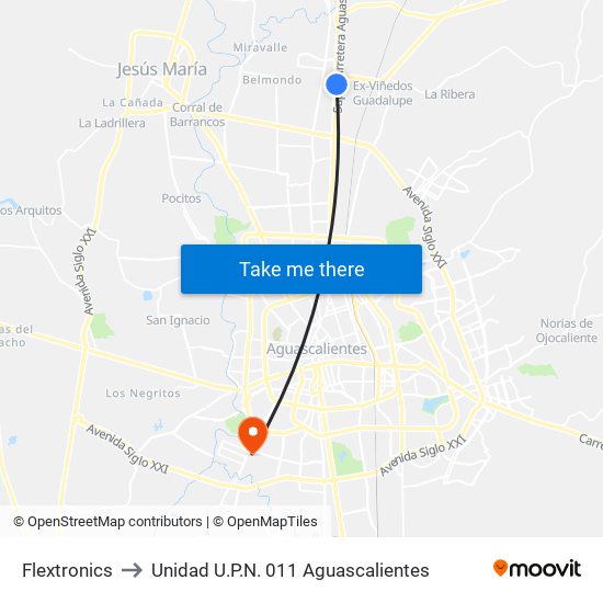 Flextronics to Unidad U.P.N. 011 Aguascalientes map