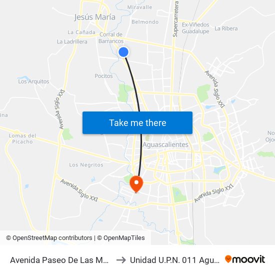 Avenida Paseo De Las Maravillas, 300 to Unidad U.P.N. 011 Aguascalientes map