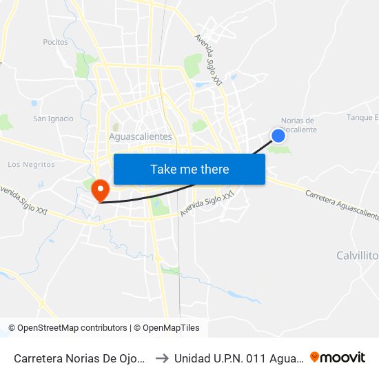 Carretera Norias De Ojocaliente, 20 to Unidad U.P.N. 011 Aguascalientes map