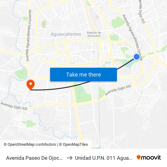 Avenida Paseo De Ojocaliente, Lb to Unidad U.P.N. 011 Aguascalientes map