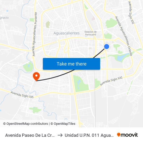 Avenida Paseo De La Cruz, E7(Int) to Unidad U.P.N. 011 Aguascalientes map