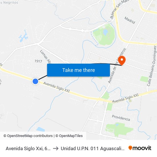 Avenida Siglo Xxi, 6955 to Unidad U.P.N. 011 Aguascalientes map