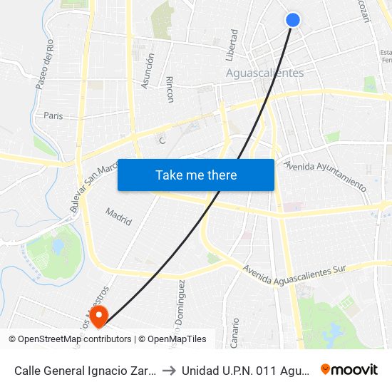 Calle General Ignacio Zaragoza, 602 to Unidad U.P.N. 011 Aguascalientes map