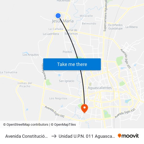 Avenida Constitución, 224 to Unidad U.P.N. 011 Aguascalientes map