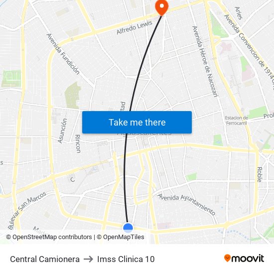 Central Camionera to Imss Clinica 10 map