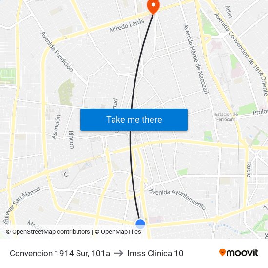 Convencion 1914 Sur, 101a to Imss Clinica 10 map