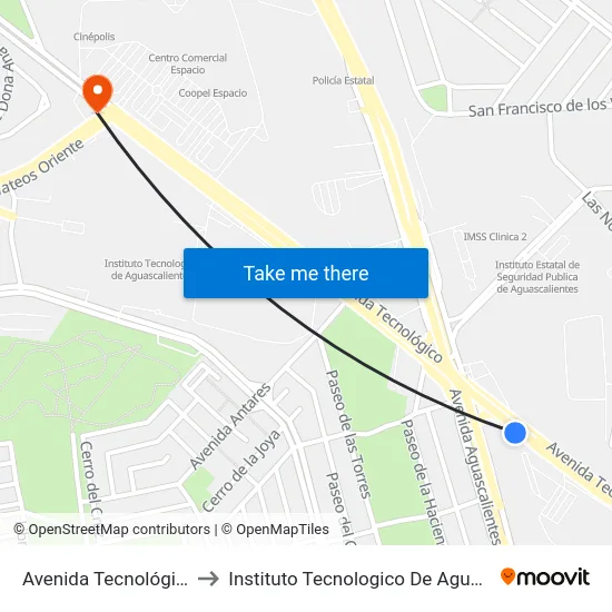 Avenida Tecnológico, 204 to Instituto Tecnologico De Aguascalientes map