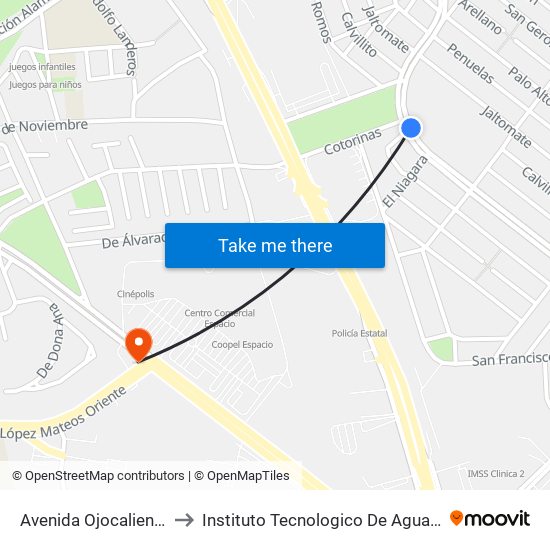 Avenida Ojocaliente, 797 to Instituto Tecnologico De Aguascalientes map