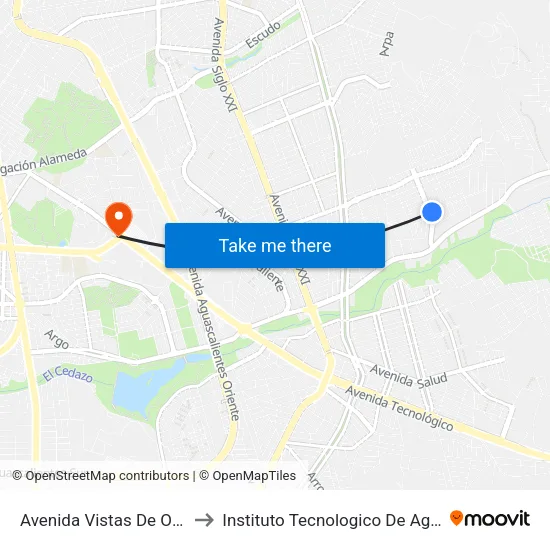 Avenida Vistas De Oriente, 502 to Instituto Tecnologico De Aguascalientes map