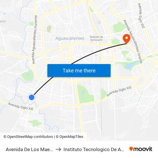 Avenida De Los Maestros, 108 to Instituto Tecnologico De Aguascalientes map