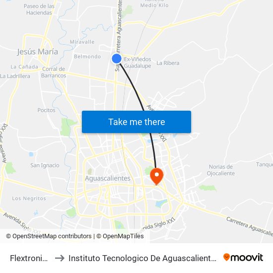 Flextronics to Instituto Tecnologico De Aguascalientes map