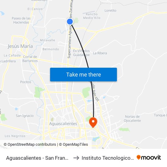 Aguascalientes - San Francisco De Los Romo, 953 to Instituto Tecnologico De Aguascalientes map