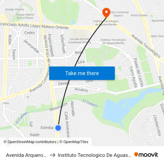 Avenida Arqueros, 904 to Instituto Tecnologico De Aguascalientes map