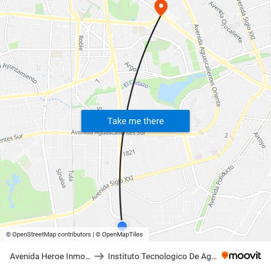 Avenida Heroe Inmortal, 1502 to Instituto Tecnologico De Aguascalientes map