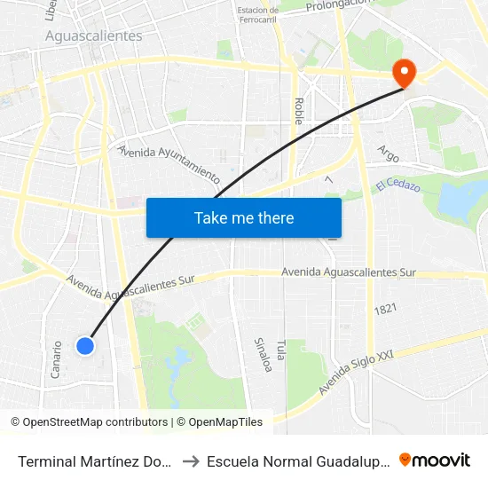 Terminal Martínez Domínguez to Escuela Normal Guadalupe Victoria map