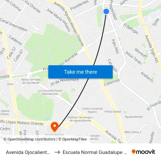Avenida Ojocaliente, 301 to Escuela Normal Guadalupe Victoria map