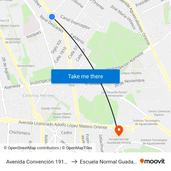 Avenida Convención 1914 Oriente, 901 to Escuela Normal Guadalupe Victoria map