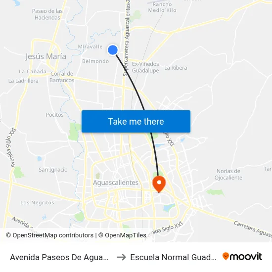 Avenida Paseos De Aguascalientes, 1101 to Escuela Normal Guadalupe Victoria map