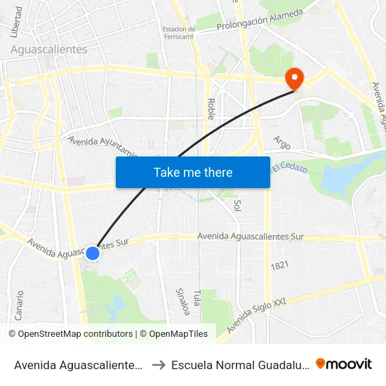 Avenida Aguascalientes Sur, 2729 to Escuela Normal Guadalupe Victoria map