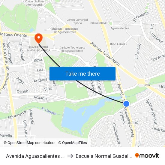 Avenida Aguascalientes Oriente, 706 to Escuela Normal Guadalupe Victoria map