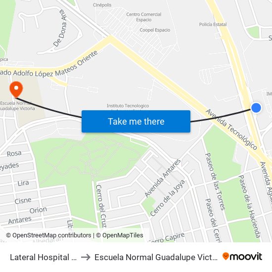 Lateral Hospital #2 to Escuela Normal Guadalupe Victoria map