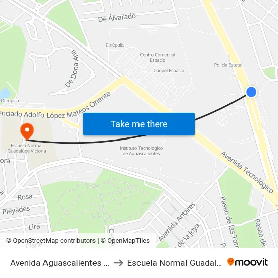 Avenida Aguascalientes Oriente, 213 to Escuela Normal Guadalupe Victoria map