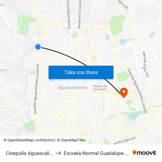Cinepolis Aguascalientes to Escuela Normal Guadalupe Victoria map