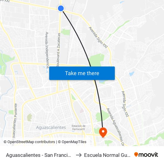 Aguascalientes - San Francisco De Los Romo, 273 to Escuela Normal Guadalupe Victoria map