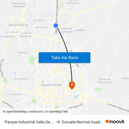 Parque Industrial Valle De Aguascalientes to Escuela Normal Guadalupe Victoria map