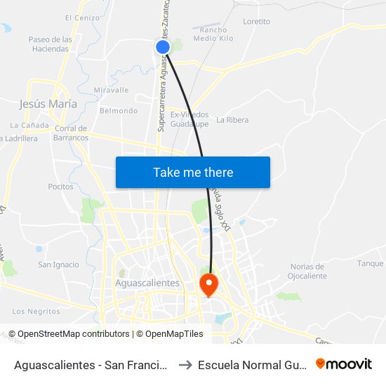 Aguascalientes - San Francisco De Los Romo, 953 to Escuela Normal Guadalupe Victoria map